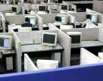 Office cubicles with computers and employees working.