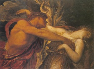 Man embracing woman in dramatic painting scene.