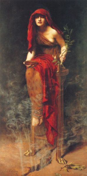 A painting of a woman in red holding a sword.