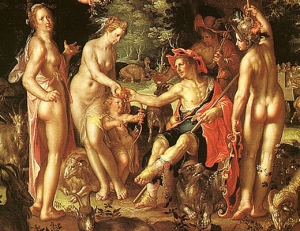 Mythological scene with figures and animals.