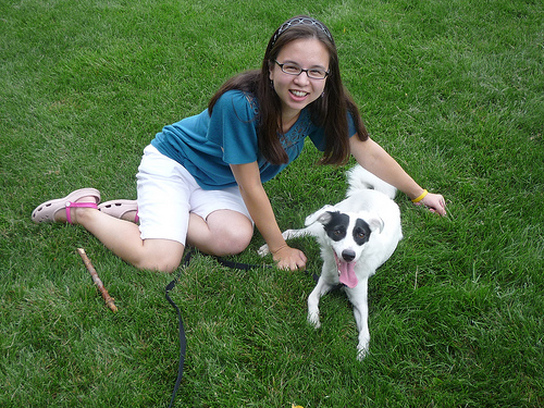 A girl and her dog are playing in the grass.