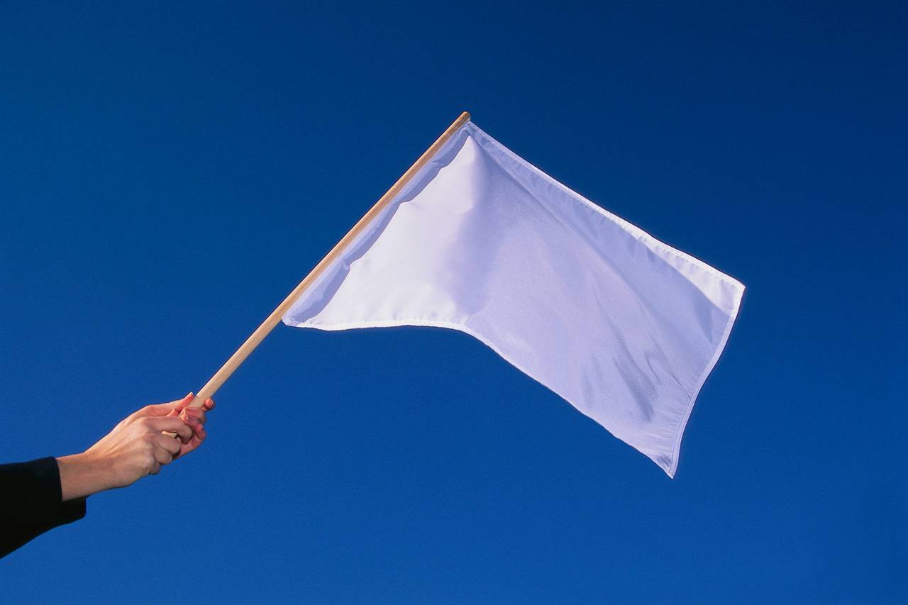 Hand waving a white flag, blue sky.
