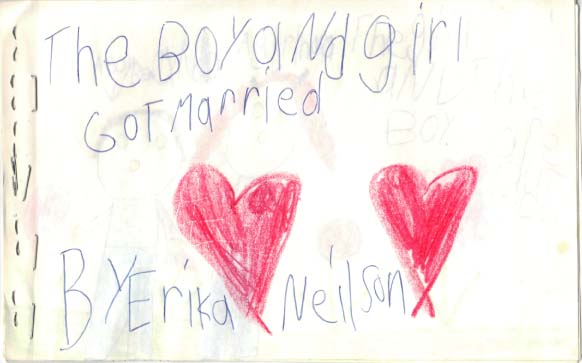 A child 's drawing of two hearts and the words " e. Boyard girl, sof married."