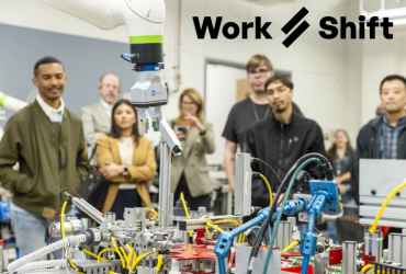 Photo of students in an innovation lab with the Work Shift logo in upper right