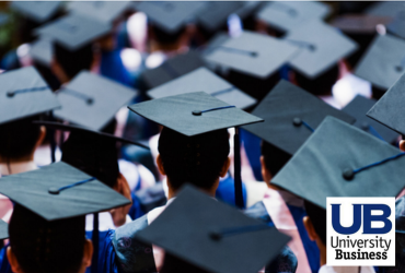 Photo of graduates wearing graduation caps look forward with University Business logo overlaid.